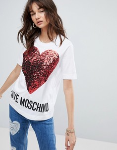 Футболка с сердечком из пайеток Love Moschino - Белый