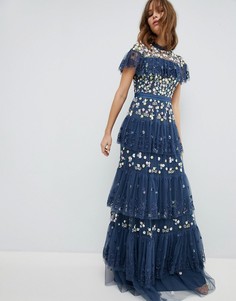 Ярусное платье с контрастной вышивкой Needle & Thread - Синий