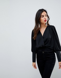 Атласный топ с запахом и рукавами летучая мышь ASOS - Черный