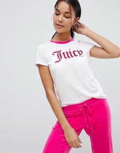 Футболка с контрастным вырезом и блестящим логотипом Juicy Couture Black Label - Белый