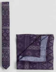 Фактурный фиолетовый галстук и платок для нагрудного кармана с принтом пейсли ASOS - Фиолетовый