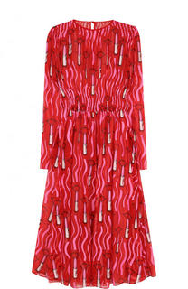 Шелковое платье-миди с принтом и длинным рукавом Valentino