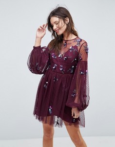 Платье мини с пышными рукавами и отделкой ASOS - Фиолетовый