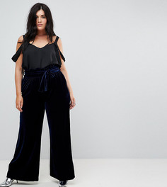 Бархатные брюки с широкими штанинами и присборенным поясом Lost Ink Plus - Темно-синий