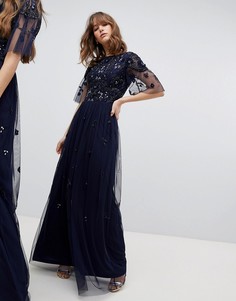 Платье макси с короткими рукавами и отделкой Amelia Rose - Темно-синий