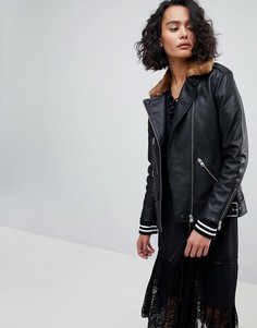 Кожаная oversize-куртка с воротником из искусственного меха AllSaints - Черный