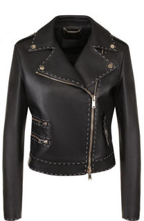 Кожаная куртка с косой молнией и контрастной прострочкой Versace