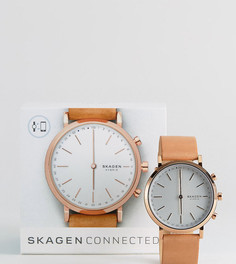 Смарт-часы со светло-коричневым ремешком Skagen Hald - Золотой