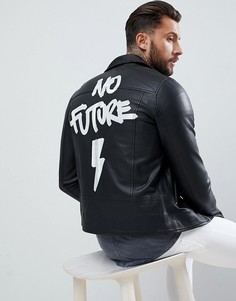 Кожаная байкерская куртка с принтом No Future Religion - Черный