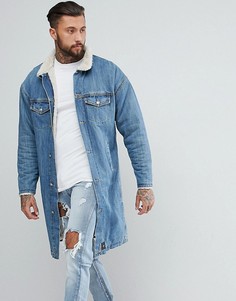 Длинная джинсовая куртка на подкладке из искусственного меха Sixth June - Синий