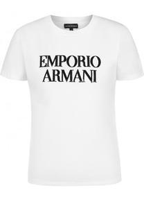 Хлопковая футболка с логотипом бренда и пайетками Emporio Armani