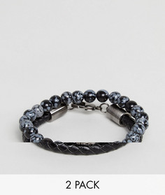 2 браслета (с бусинами/из черной кожи) Simon Carter Snowflake Obsidian - Черный