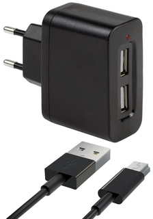 Сетевое зарядное устройство Сетевое зарядное устройство InterStep 2xUSB + кабель miniUSB 1А (черный)
