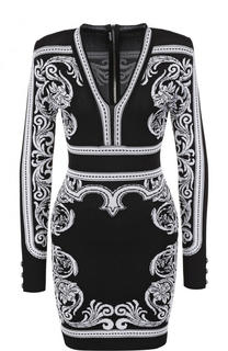 Платье-футляр с длинным рукавом и принтом Balmain