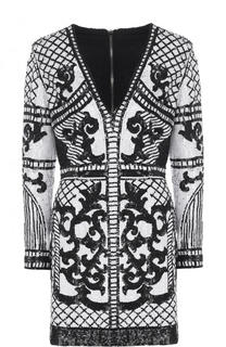 Приталенное мини-платье с длинным рукавом и пайетками Balmain