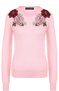 Кашемировый пуловер с круглым вырезом и цветочной вышивкой Dolce &amp; Gabbana