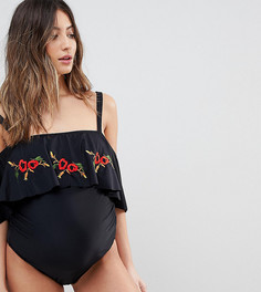 Слитный купальник со спущенными плечами и цветочной вышивкой ASOS Maternity - Черный