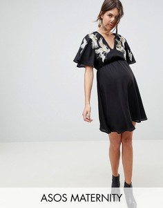 Платье мини с расклешенными рукавами и вышивкой птиц ASOS Maternity - Черный