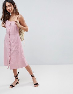 Платье миди на пуговицах с добавлением льна ASOS - Розовый