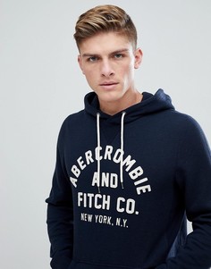 Худи темно-синего цвета с крупным бархатистым логотипом Abercrombie & Fitch - Темно-синий