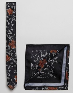 Черные галстук и платок для нагрудного кармана с цветочным принтом ASOS - Черный