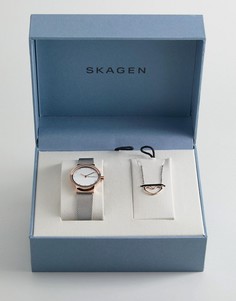 Подарочный набор из часов с сетчатым браслетом и ожерелья Skagen SKW1101 Freja - Серебряный