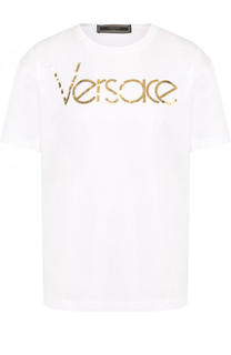 Хлопковая футболка прямого кроя с логотипом бренда Versace