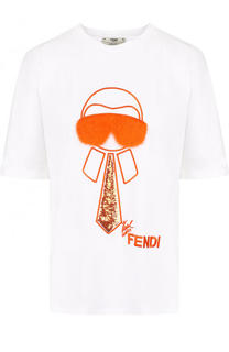Хлопковая футболка с пайетками и меховой отделкой Fendi