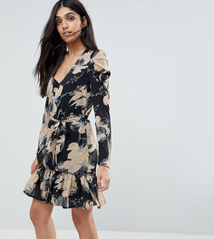 Короткое приталенное платье с цветочным принтом и поясом Parisian Tall - Черный
