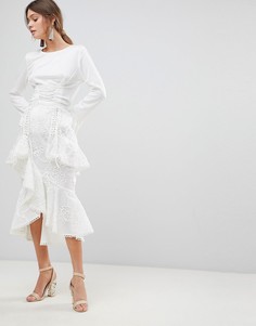 Кружевная премиум-юбка миди с асимметричной оборкой True Decadence - Белый