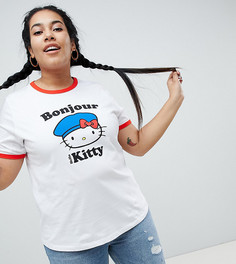 Футболка с окантовкой и принтом с надписью Bonjour Hello Kitty x ASOS CURVE - Белый