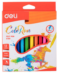 Фломастеры Deli EC10000 ColoRun круглый пиш. наконечник смываемые 12цв. коробка с европодвесом