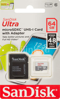 Карта памяти microSDXC UHS-I SANDISK Ultra 64 ГБ, 48 МБ/с, 320X, Class 10, SDSQUNB-064G-GN3MA, 1 шт., переходник SD