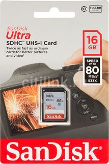 Карта памяти SDHC UHS-I SANDISK Ultra 80 16 ГБ, 80 МБ/с, Class 10, SDSDUNC-016G-GN6IN, 1 шт.