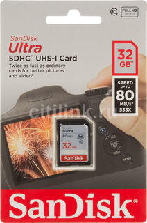 Карта памяти SDHC UHS-I SANDISK Ultra 80 32 ГБ, 80 МБ/с, Class 10, SDSDUNC-032G-GN6IN, 1 шт.