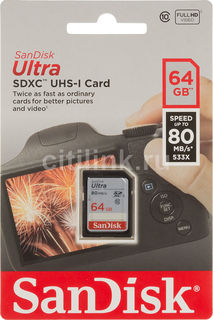Карта памяти SDXC UHS-I SANDISK Ultra 80 64 ГБ, 80 МБ/с, Class 10, SDSDUNC-064G-GN6IN, 1 шт.