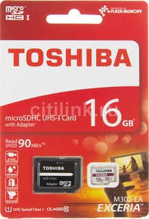 Карта памяти microSDHC UHS-I U1 TOSHIBA M302 16 ГБ, 90 МБ/с, Class 10, THN-M302R0160EA, 1 шт., переходник SD