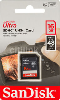 Карта памяти SDHC UHS-I SANDISK Ultra 16 ГБ, 48 МБ/с, Class 10, SDSDUNB-016G-GN3IN, 1 шт.
