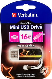 Флешка USB VERBATIM Mini Neon Edition 16Гб, USB2.0, оранжевый и рисунок [49394]