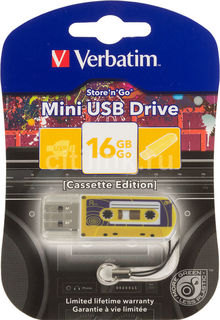 Флешка USB VERBATIM Mini Cassette Edition 16Гб, USB2.0, желтый и рисунок [49399]
