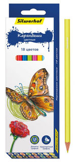Карандаши цветные Silwerhof 134196-18 Бабочки шестигран. 2.8мм 18цв. коробка/европод.