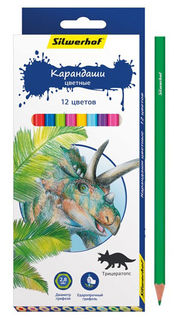 Карандаши цветные Silwerhof 134197-12 Динозавры шестигран. 2.8мм 12цв. коробка/европод.