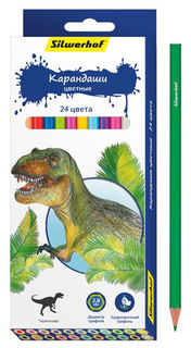 Карандаши цветные Silwerhof 134197-24 Динозавры шестигран. 2.8мм 24цв. коробка/европод.