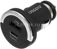 Автомобильное зарядное устройство DEPPA USB + USB type-C, 3.4A, черный