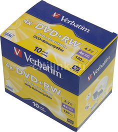Оптический диск DVD+RW VERBATIM 4.7Гб 4x, 10шт., jewel case [43246]