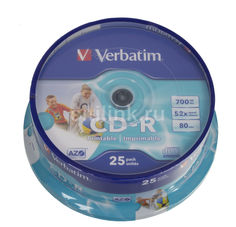Оптический диск CD-R VERBATIM 700Мб 52x, 25шт., cake box, printable [43439]