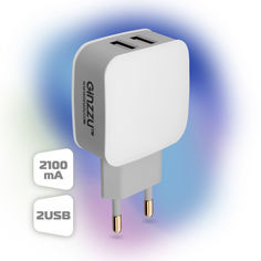 Сетевое зарядное устройство GINZZU GA-3008W, 2xUSB, 2.1A, белый