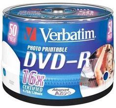 Оптический диск DVD-R VERBATIM 4.7Гб 16x, 50шт., cake box, printable [43533]