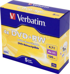 Оптический диск DVD+RW VERBATIM 4.7Гб 4x, 5шт., jewel case [43229]