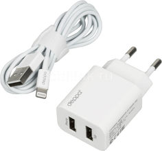 Сетевое зарядное устройство DEPPA 11306, 2xUSB, 8-pin Lightning (Apple), 2.1A, белый